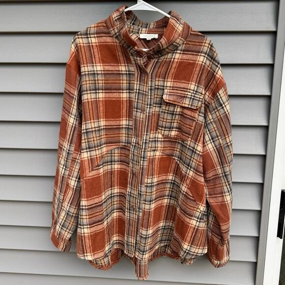 Umgee 1XL Burnt Orange Rust Plaid Hi-Lo Loose Fit Flannel Button Down Shacket - Picture 4 of 12